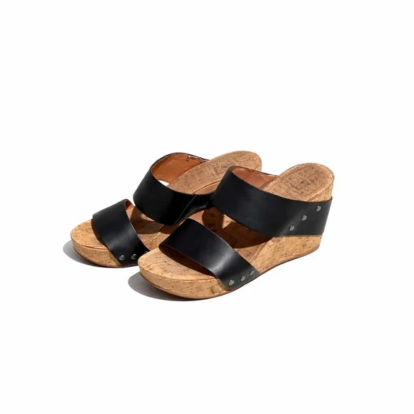 Lucky Brand Magnolia Cork Wedge Sandals Black Leather Slides Boho Comfort Size 8 - Picture 2 of 13